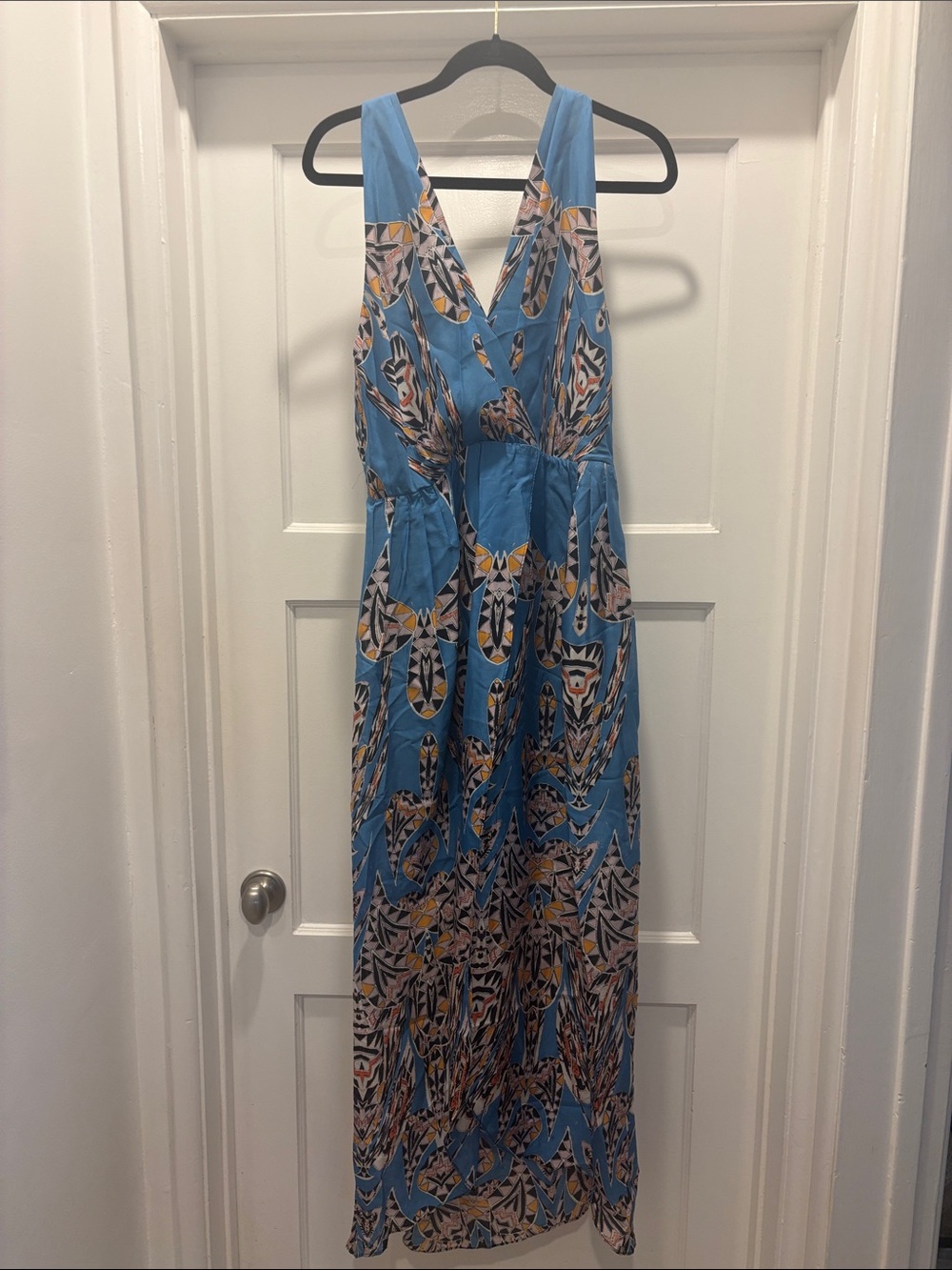 Myne Blue Printed V-Neck Sleeveless Maxi Dress